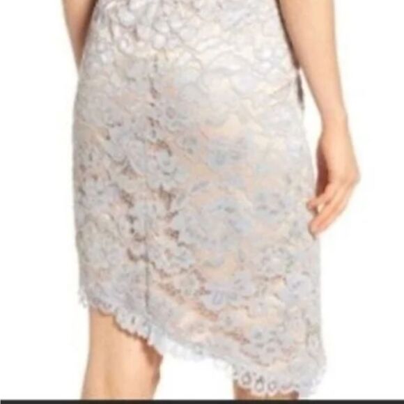 Eliza J Lace Asymmetrical Scalloped Hem Icy Blue Illusion Neckline Sheath Dress - Picture 11 of 15